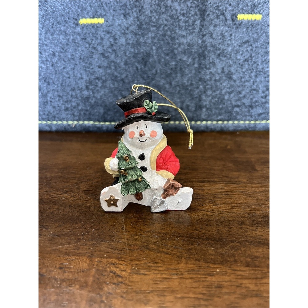Christmas 2.5" Ceramic Snowman Ornament - Holding Tree Red Coat - Star -โ 1999